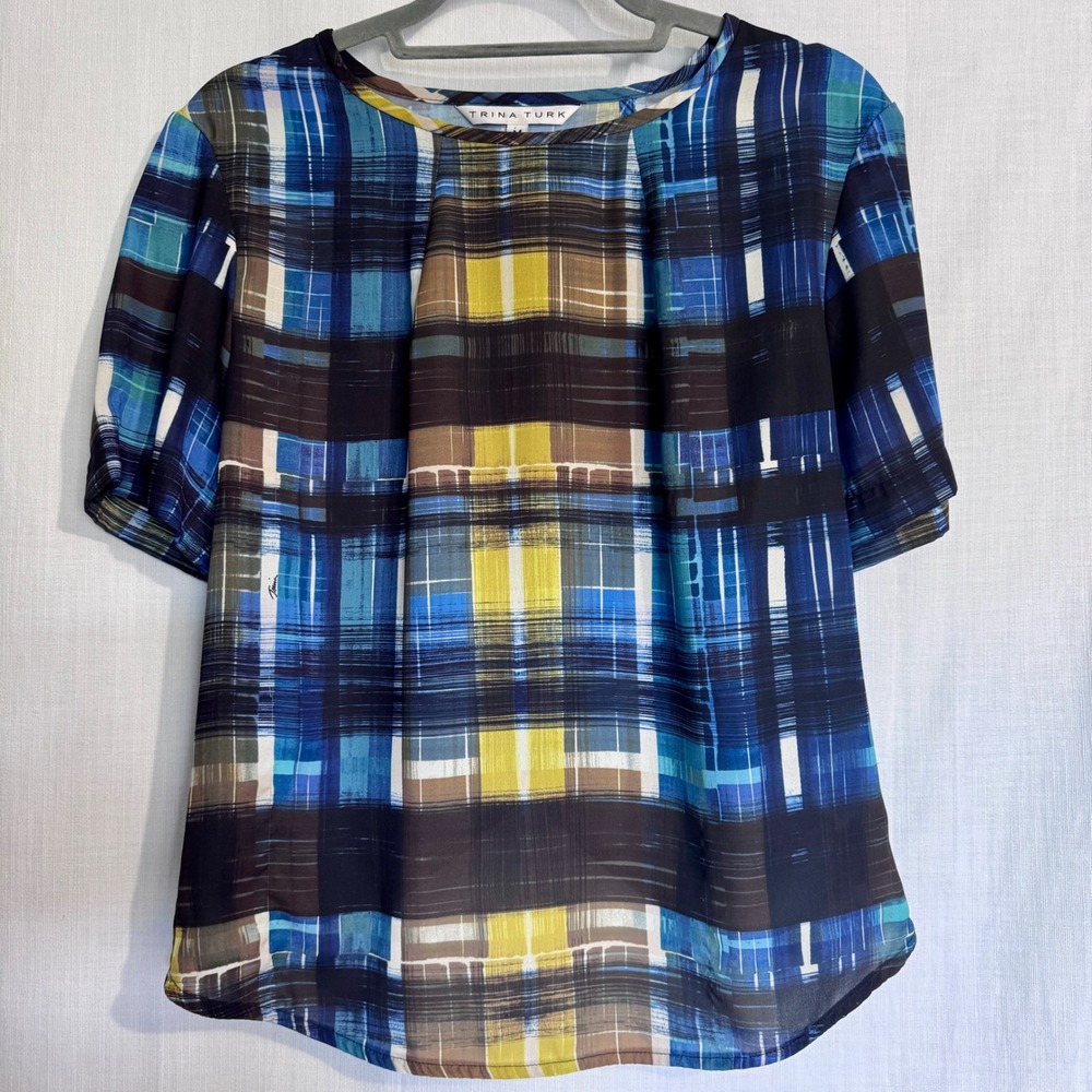 TRINA TURK Plaid Abstract Print Blouse Top Women's Medium Blue‎ Yellow